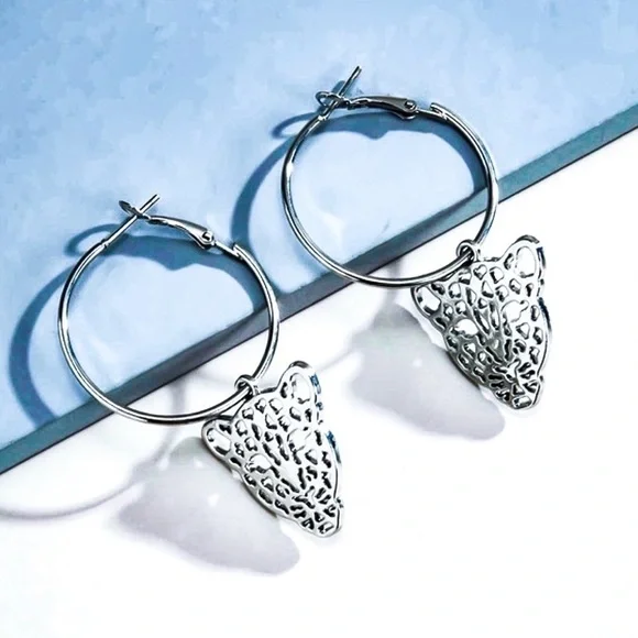 Any 3/$25! Silver Hoops w/Laser Cut Tiger Pendant Earrings - Picture 2 of 7